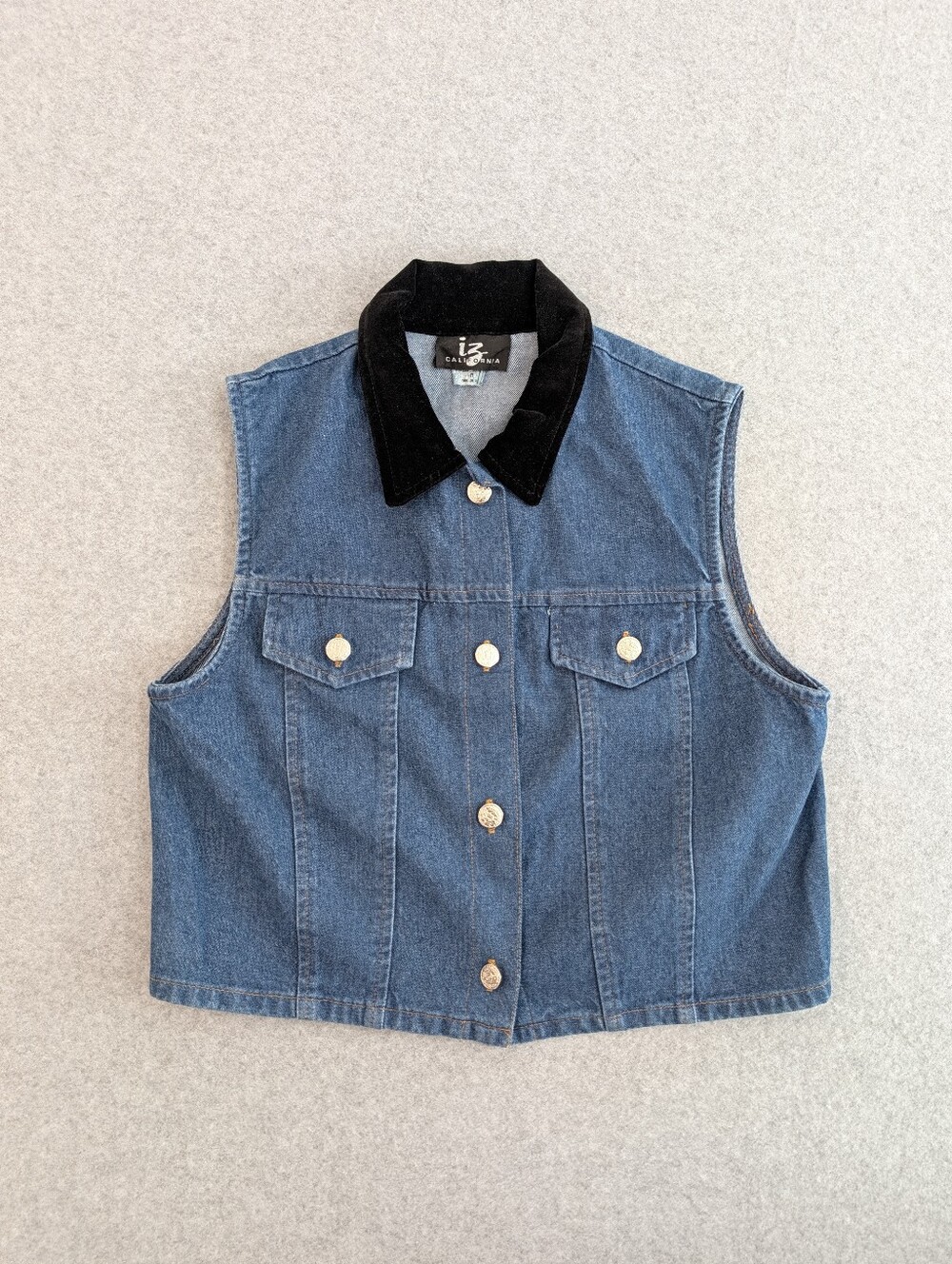 Vintage 90s IZ California Blue Denim Sleeveless L Vest Black Velvet Collar West